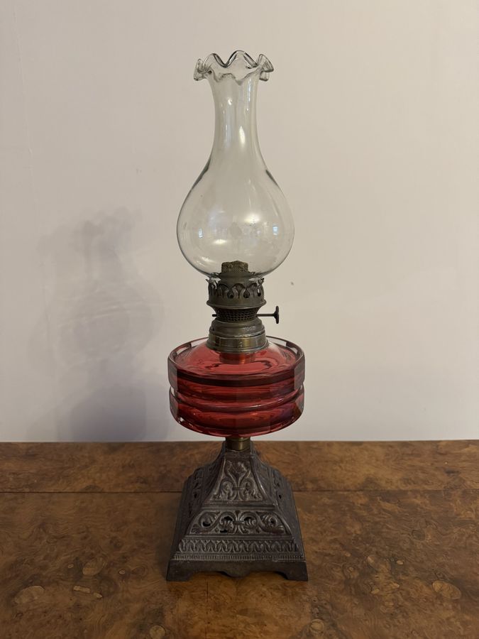 Antique Pretty antique Victorian cranberry glass oil lamp 