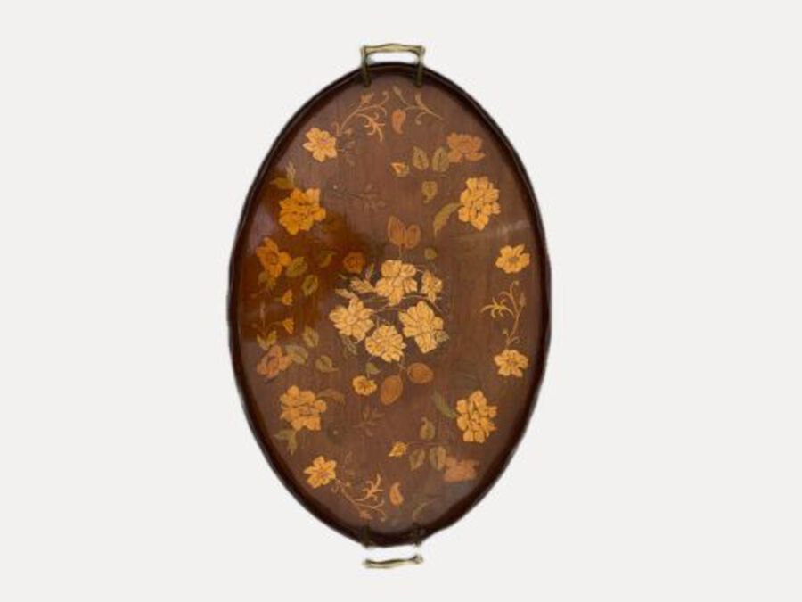 Antique Victorian Quality Marquetry Inlaid Oval Tea Tray