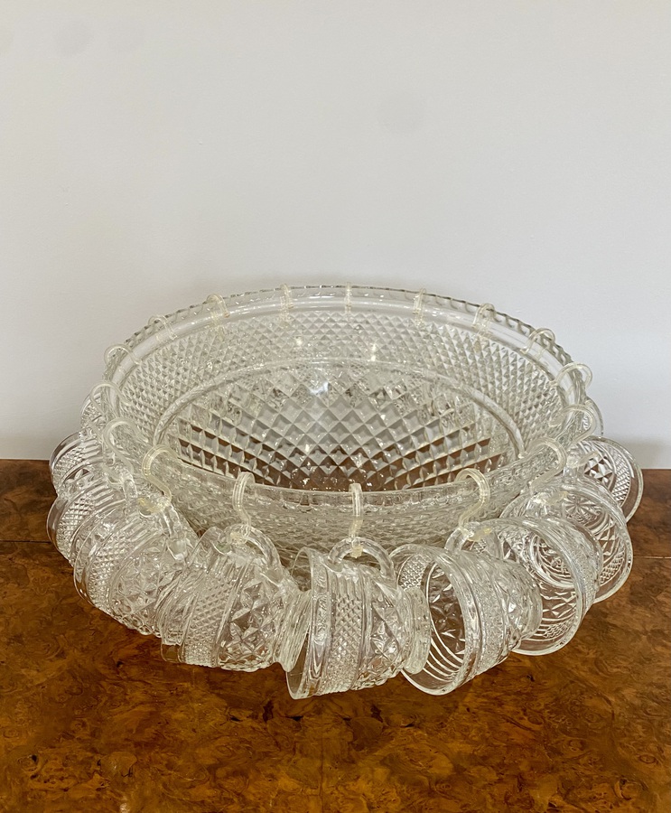 Antique Large Unusual Antique Edwardian Quality Glass Punch Bowl With Eighteen Original Cups