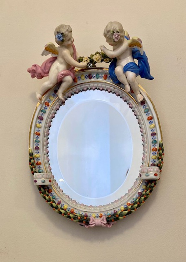 Antique Victorian Quality Continental Porcelain Oval Mirror