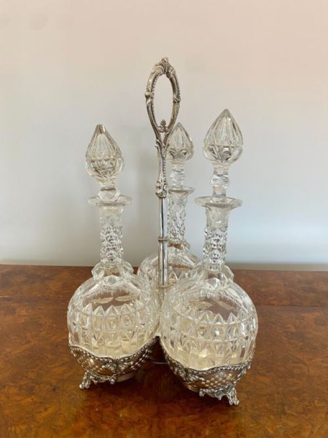 Antique Victorian Quality Cut Glass Decanters & Original Silver Plated Stand