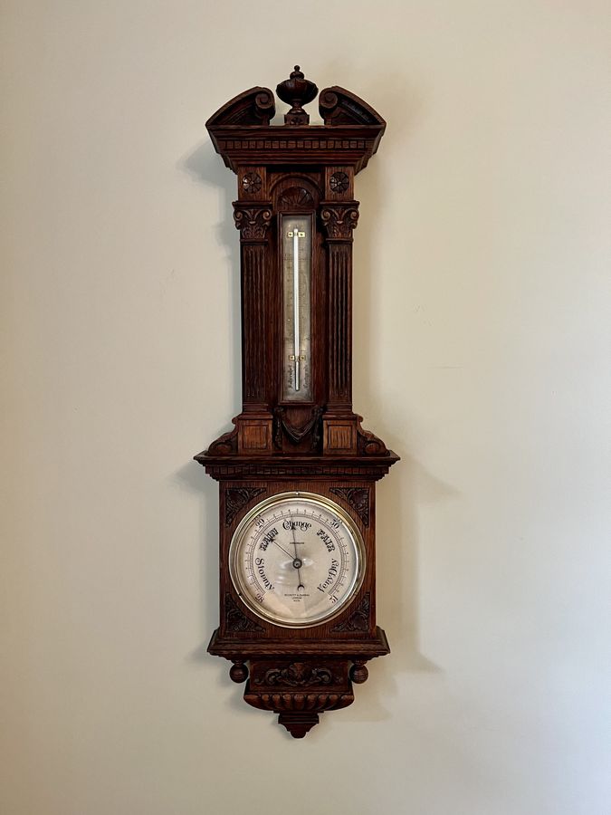 Large antique Victorian quality carved oak aneroid barometer by Negretti & Zambra of London