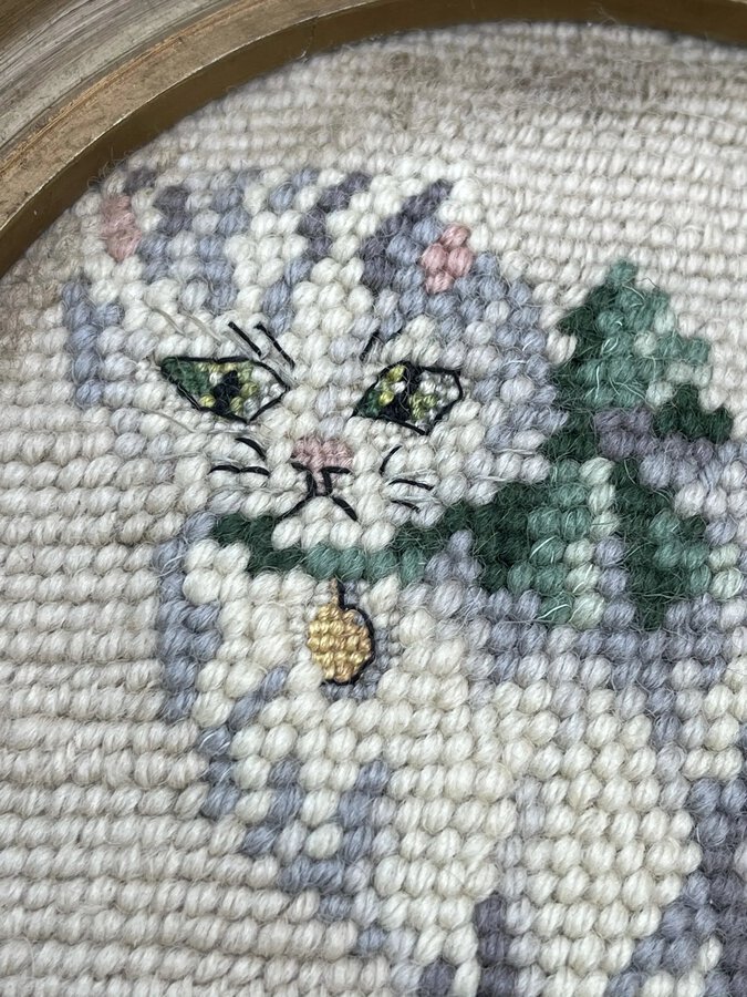 Antique Antique English Needlepoint Cat