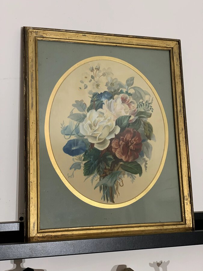 Antique 19th Century Watercolour Bunch of Flowers