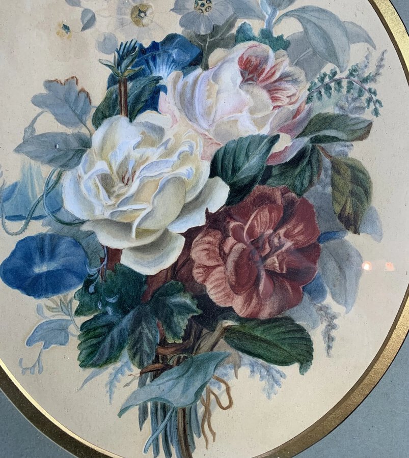 Antique 19th Century Watercolour Bunch of Flowers