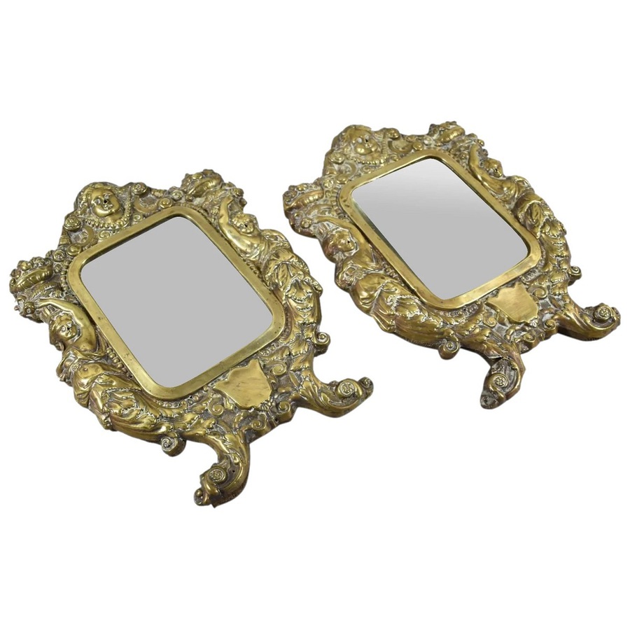 A Pair of 19th Century French Brass Framed Wall Hanging Mirrors