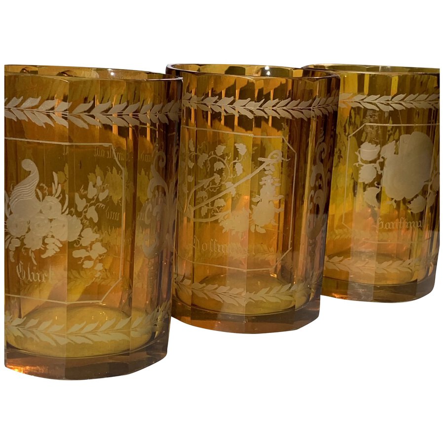 Three 19th Century Bohemian Etched Amber Glass Beakers