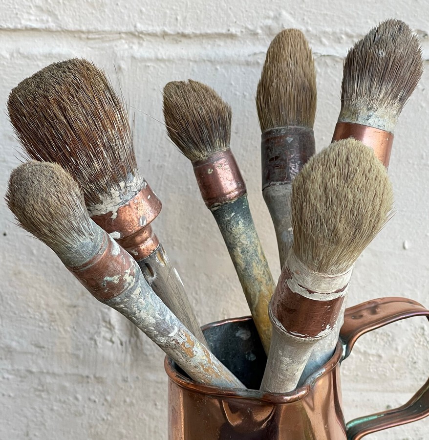Antique French Paint Brushes and Copper Pot