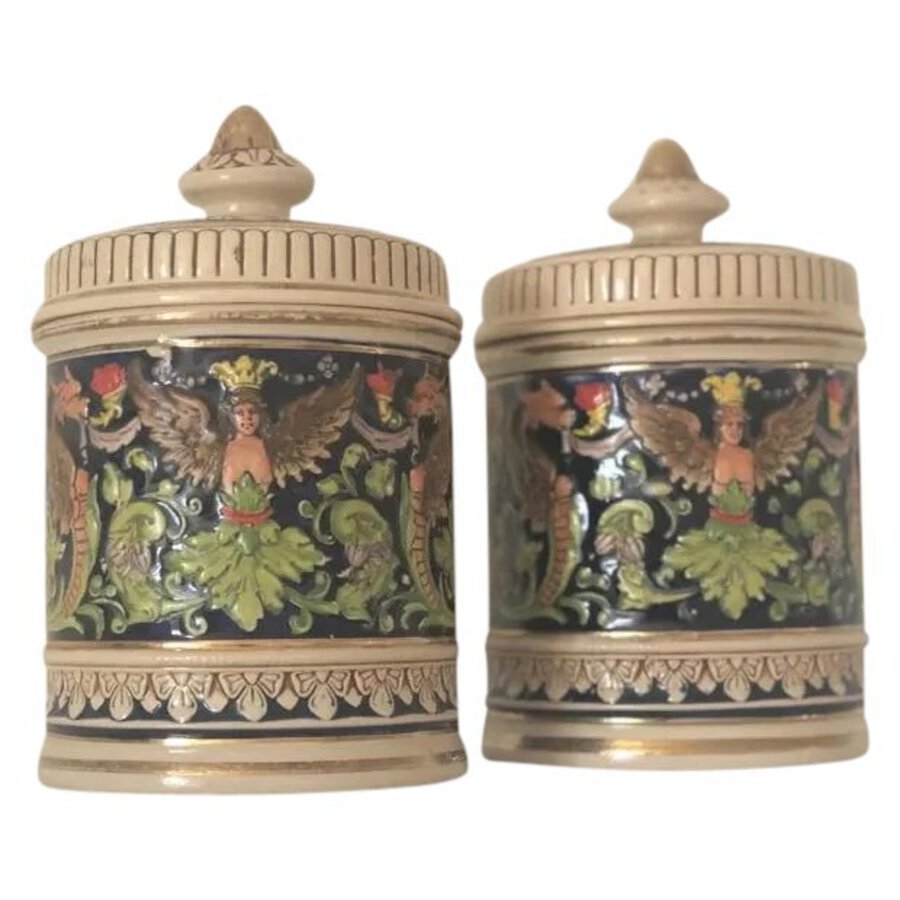 Pair of Early 1900s German Ceramic Tobacco Jar Pots	