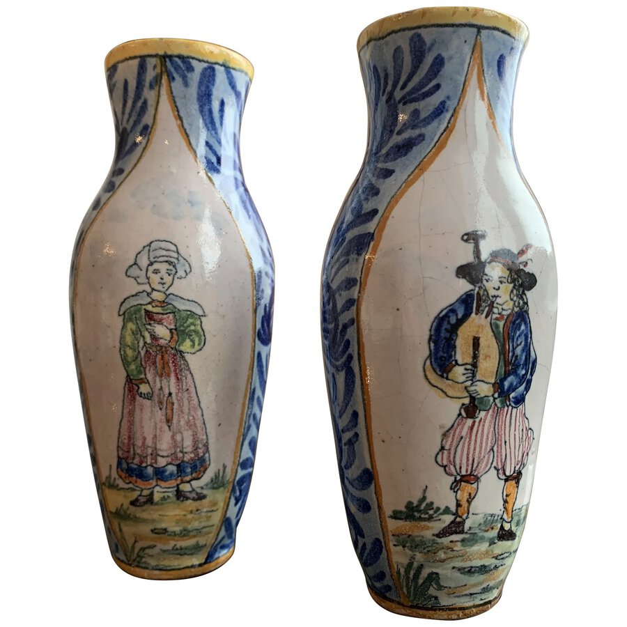 A Pair of French Faience Breton Ceramic Vases