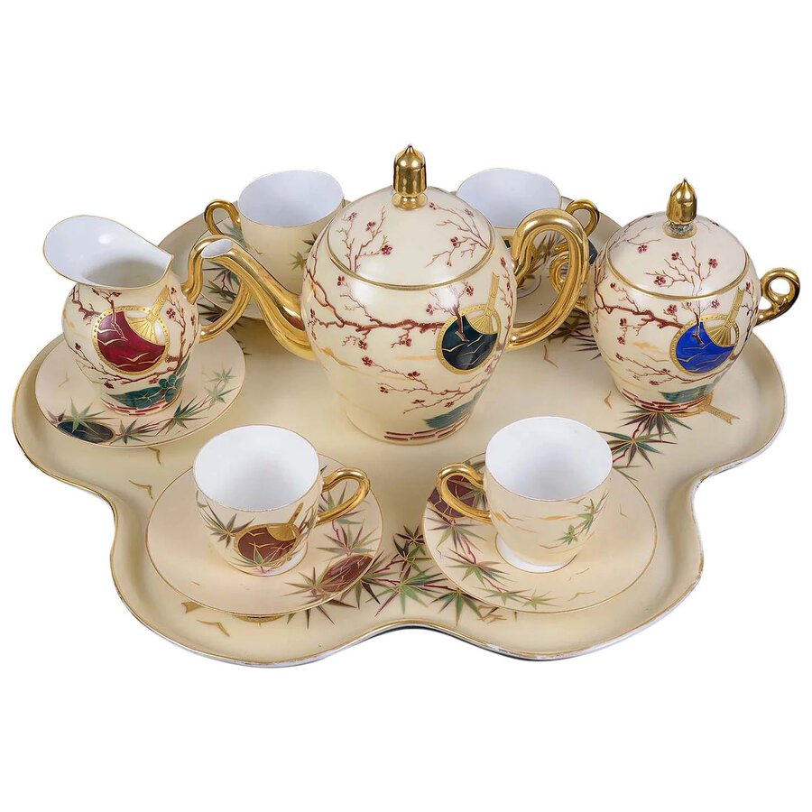 Stunning Early 20th Century Hand Painted Limoges Porcelain Cabaret Set