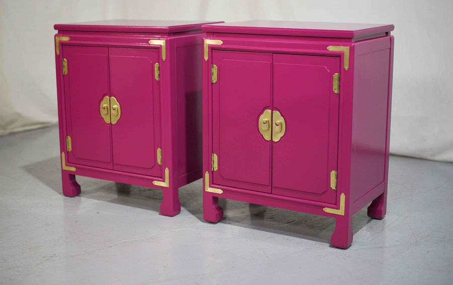 Chinoiserie Stylish Nightstands With Brass Hardware in Framboise - Newly Painted pink