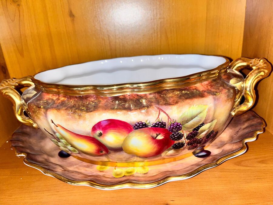 Antique Royal Worcester hand painted fruit study tureen & underplate