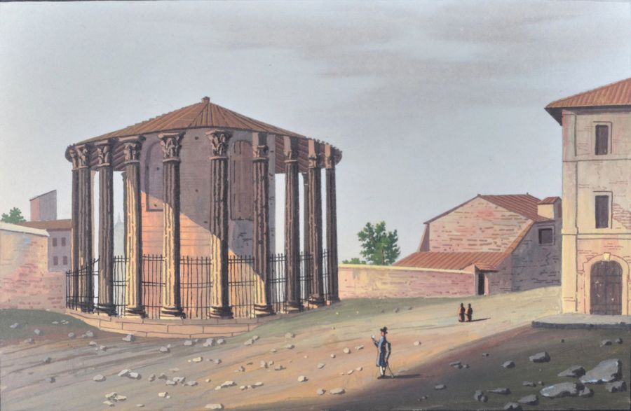 Antique Watercolor. View of the temple of Vesta.