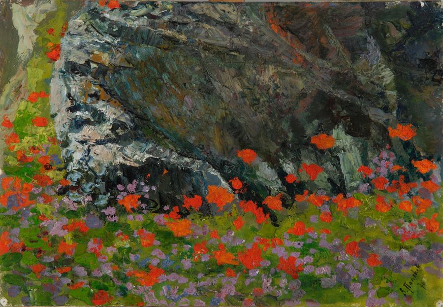 Antique Painting “Crimea. Poppies in stones. 