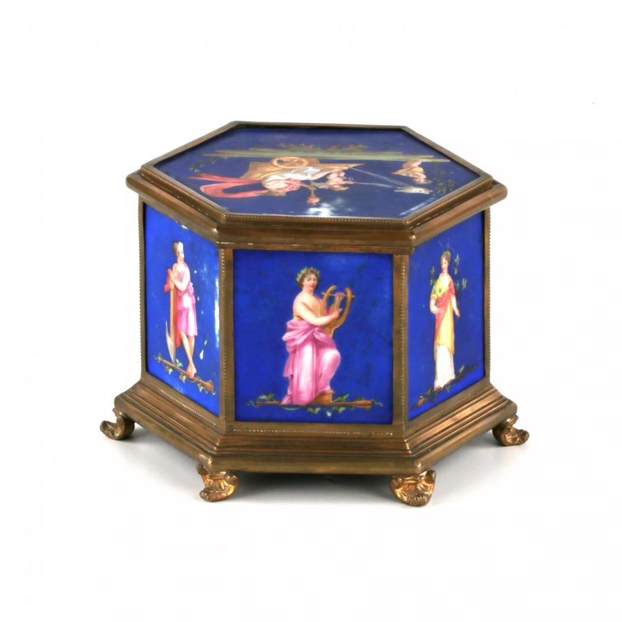 Antique Brass box with muses, on porcelain panels.