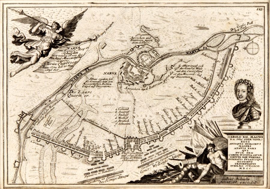Antique Plan of Narva and Ivangorod during the Northern War. Charles XII.