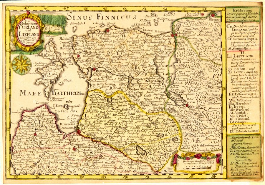 Antique G. Schreiber. Map of Courland and Livonia, 1730s.