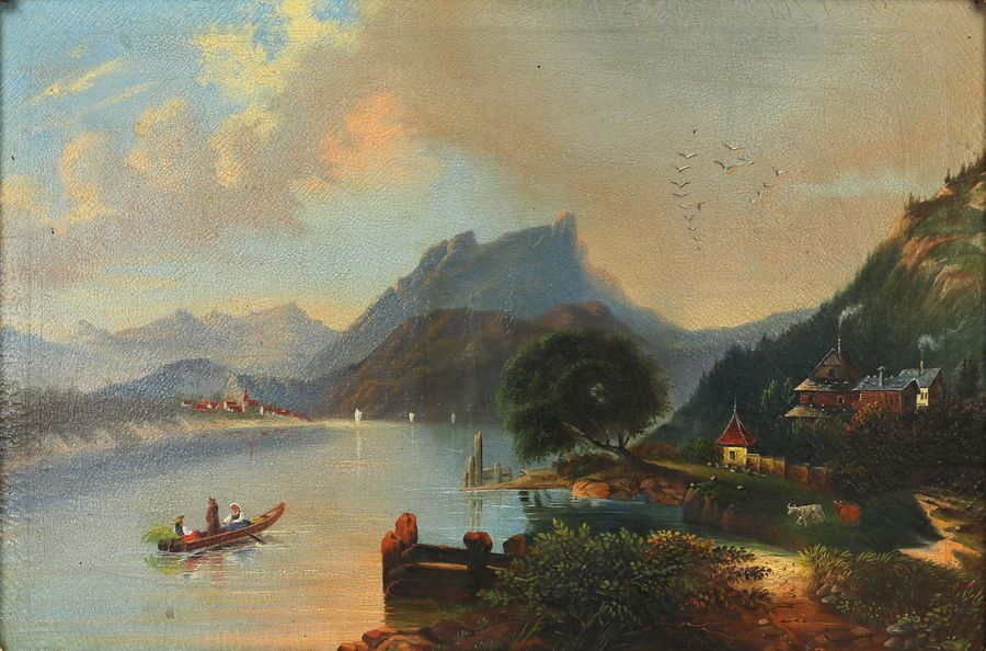 Antique Alpine landscape with a lake. Berg.