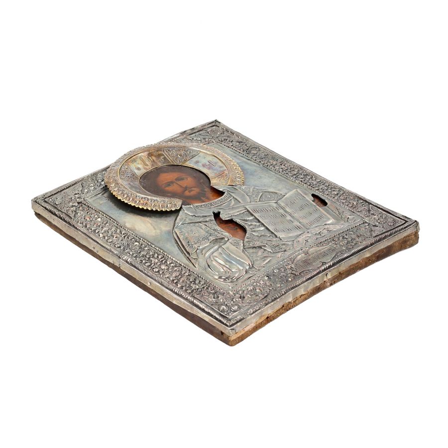 Antique Icon of the Almighty of the late 19th century in a silver-plated setting.