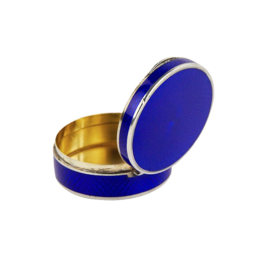 Antique Silver, French mussel in cobalt blue guilloche enamel.