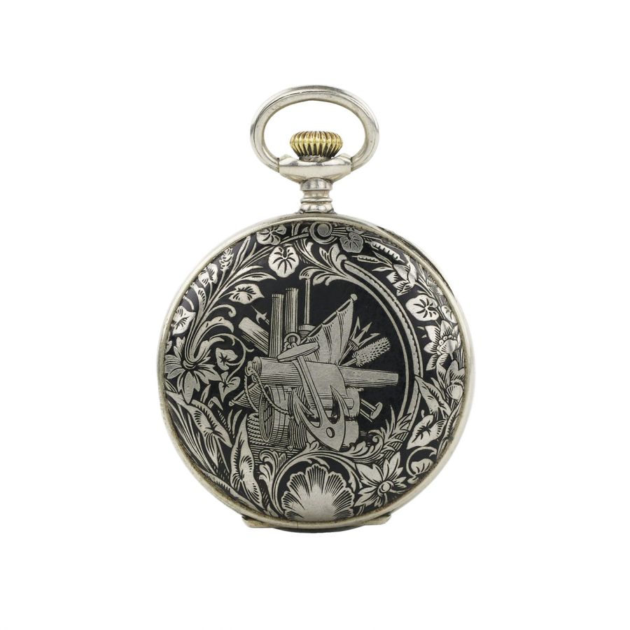 Antique Russian pocket watch with blackened metal pattern. Diogenes company. Early 20th century.