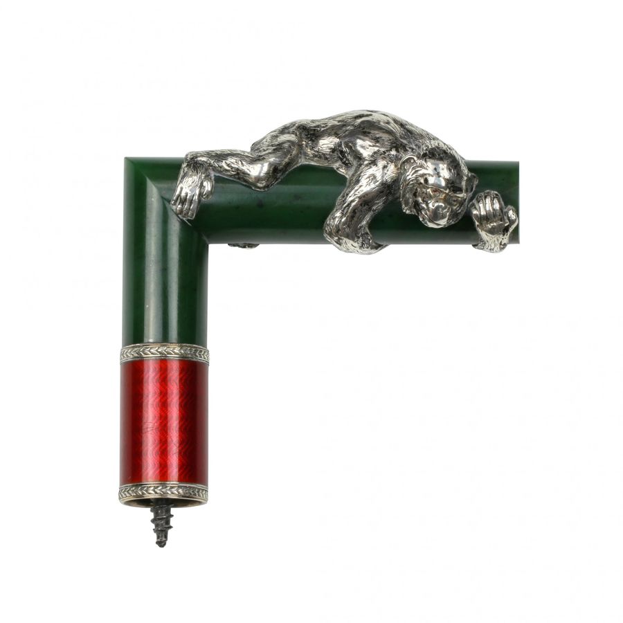 Antique A cane handle made of silver, guilloche enamel and jade. Faberge, Julius Rappaport.