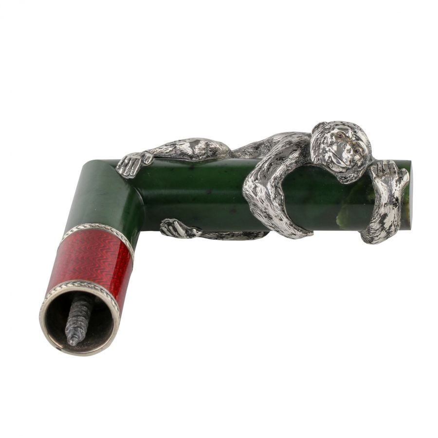 Antique A cane handle made of silver, guilloche enamel and jade. Faberge, Julius Rappaport.