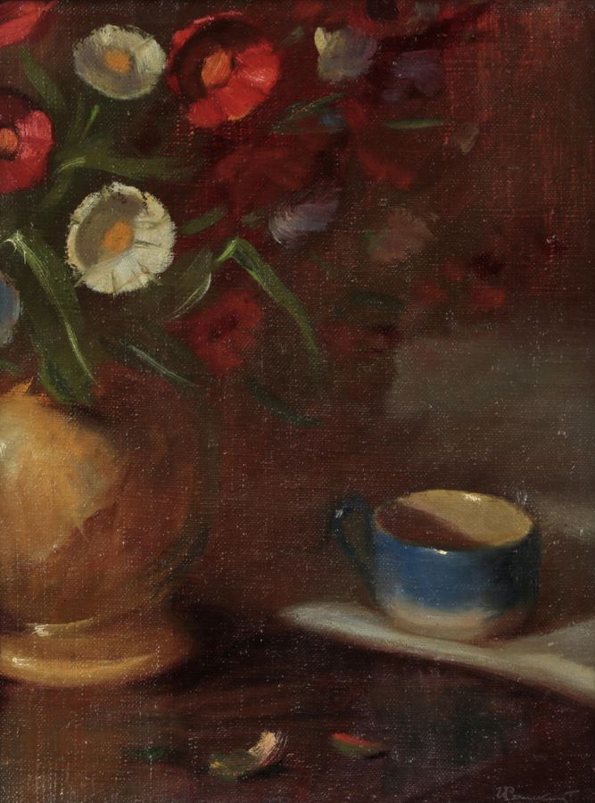Antique I. Ryazhsky. Still life with a mug and flowers.