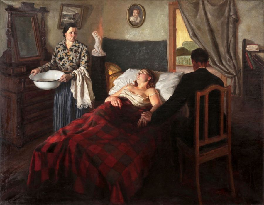 Antique Otto Grunde (1907-1982) At the Patients Bed.