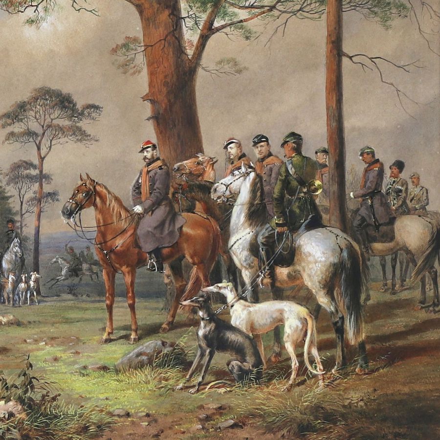 Antique M.A. Zichy. Watercolor. Horse hunting of Alexander II near St. Petersburg.