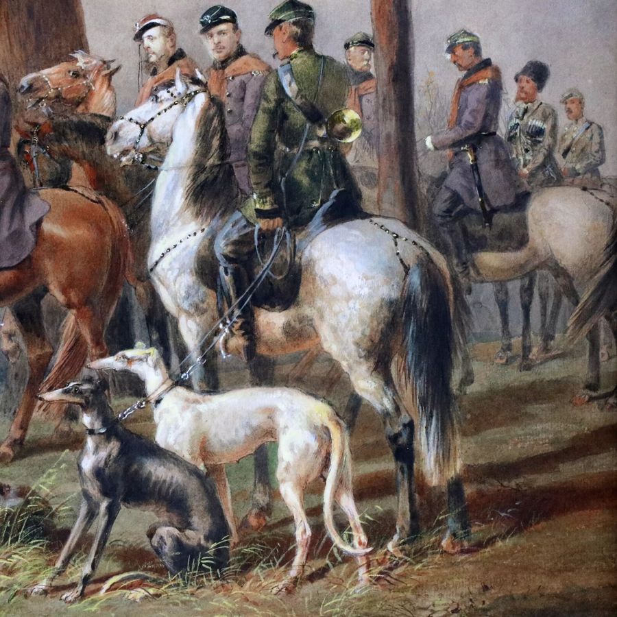 Antique M.A. Zichy. Watercolor. Horse hunting of Alexander II near St. Petersburg.