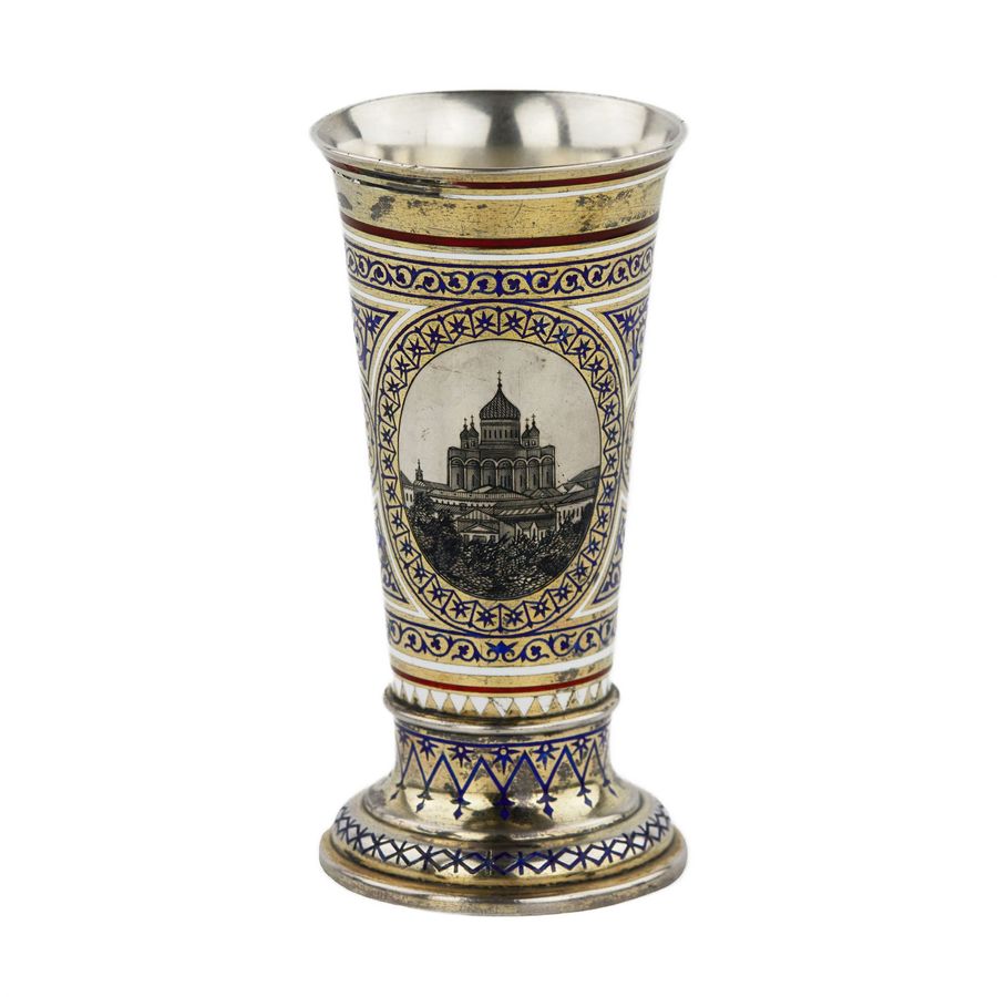 PAVEL OVCHINNIKOV. Russian silver gilded and champleve goblet of the 19th century, stamped by Pav...