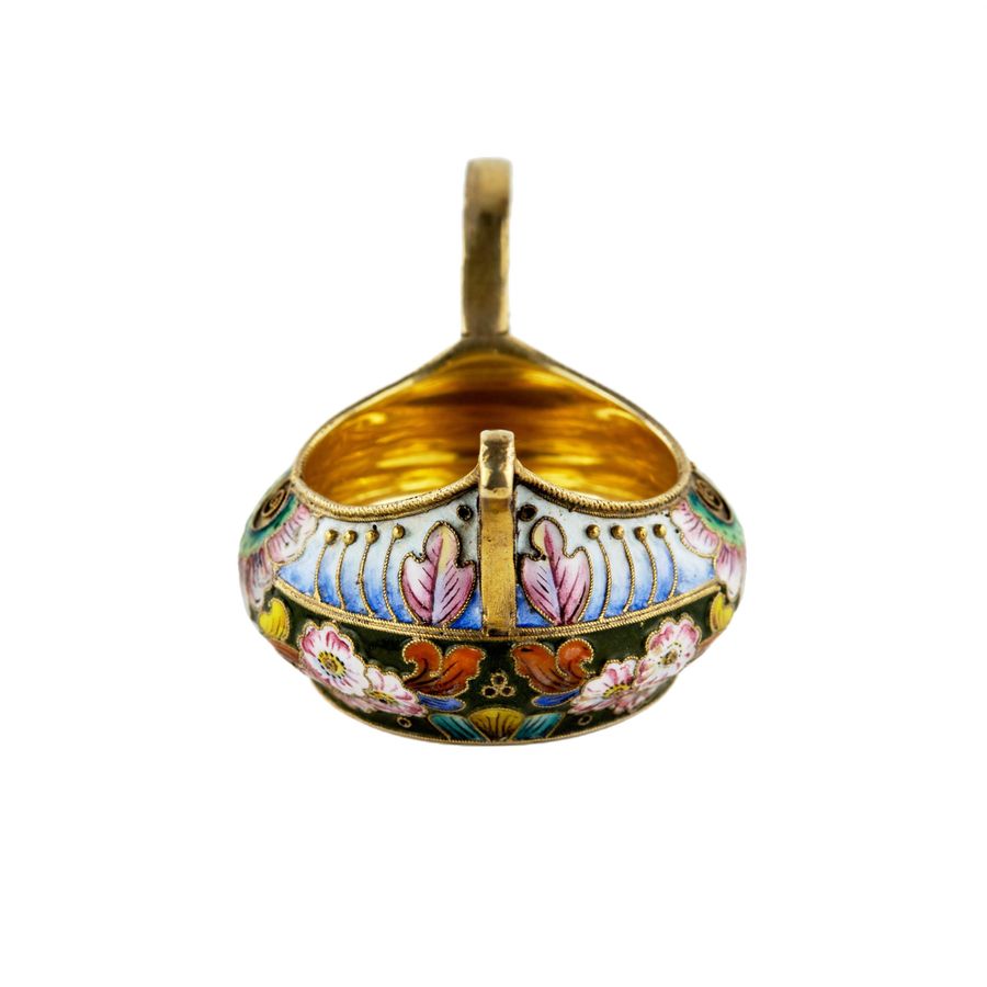 Antique 20 Artel. Silver kovsh with painted enamel on filigree. Moscow, 1908-1917