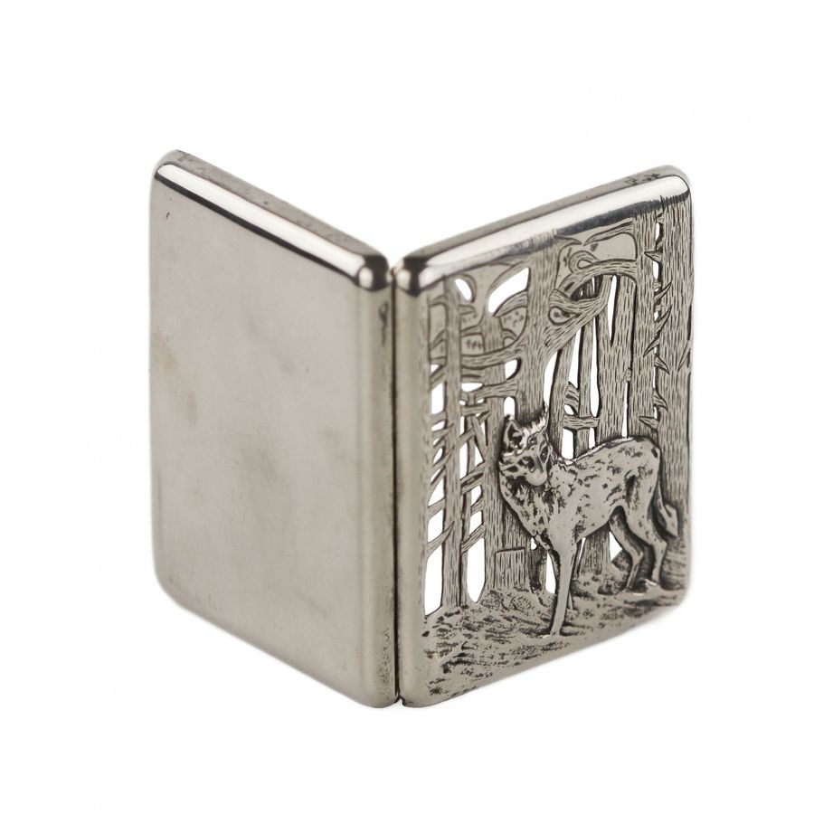 Antique Russian, slotted, silver cigarette case Wolf at the edge of the forest. The turn of the 19th-20th centuries.