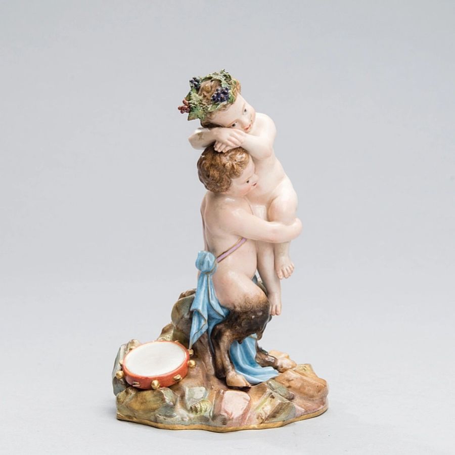 Antique Porcelain group Satyr and Dionysus. Meissen 19th century.