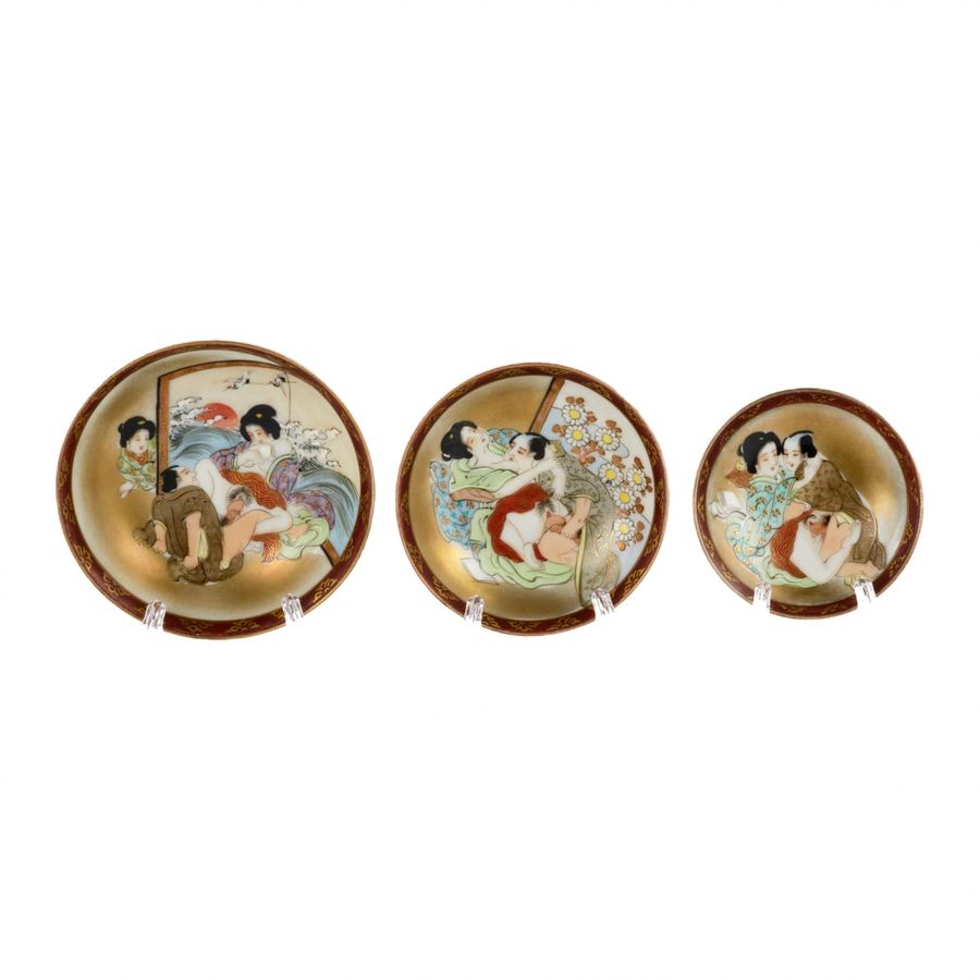 Antique Three Japanese plates with erotic themes.
