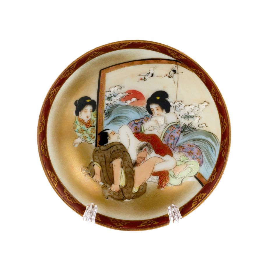 Antique Three Japanese plates with erotic themes.