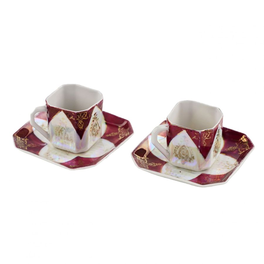 Antique Shalom Fresco with Son. Constantinople. Porcelain pair of mocha cups. 1920s