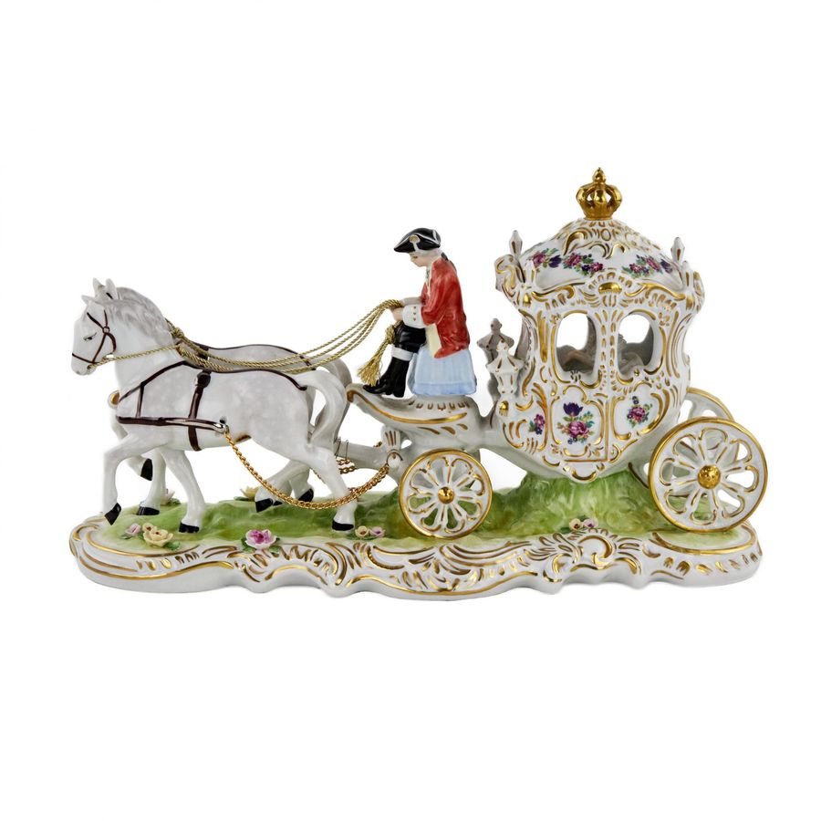 Antique Romantic porcelain composition Carriage. Dresden. 20th century.