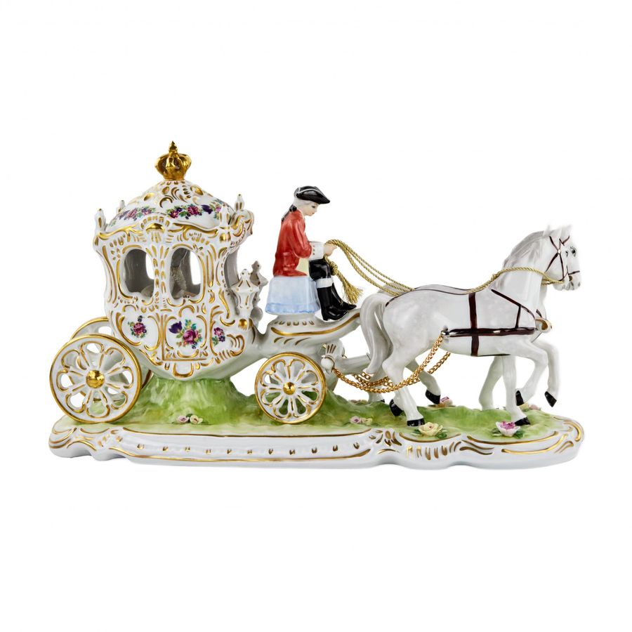 Antique Romantic porcelain composition Carriage. Dresden. 20th century.