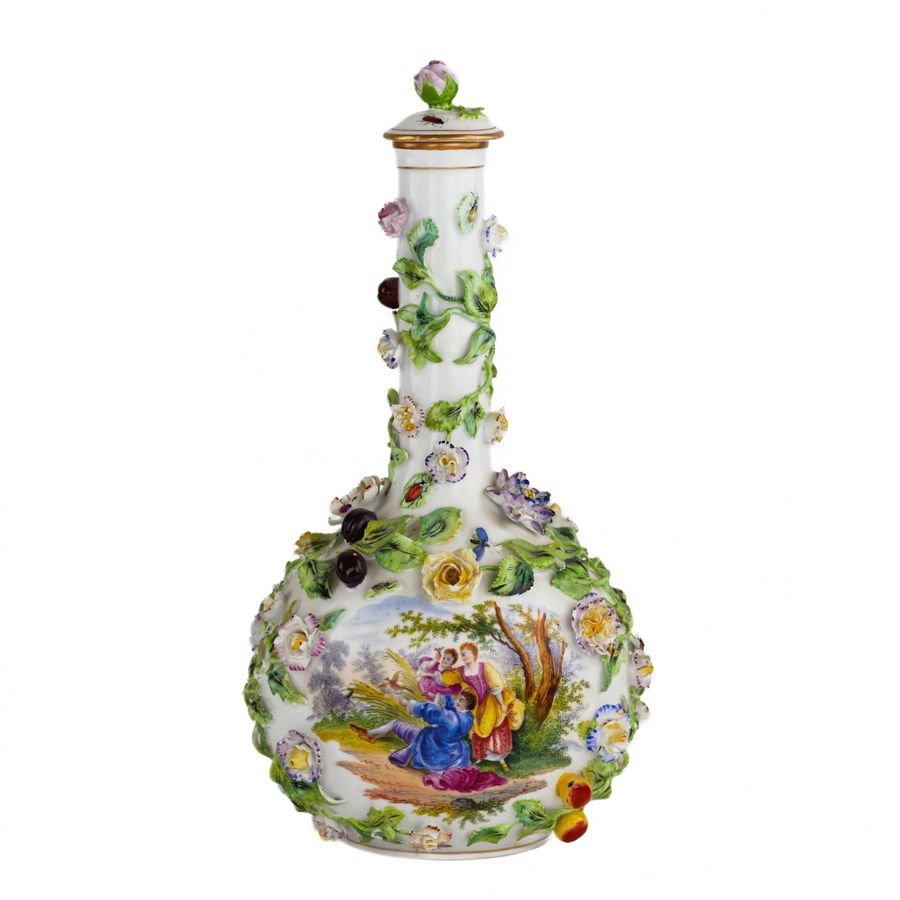 Antique Porcelain decanter vase with lid in neo-Baroque style. Dresden. The turn of the 19th-20th centuries.