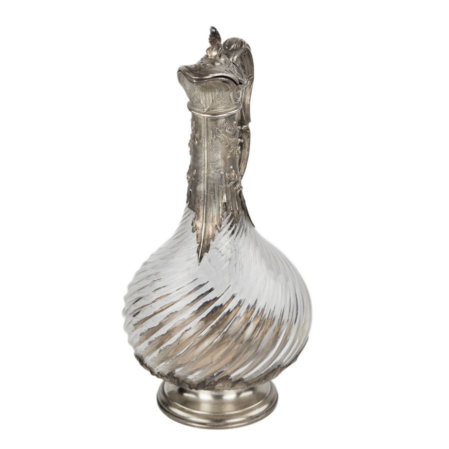 Antique French fluted glass wine jug in silver in the style of Louis XV, late 19th century.