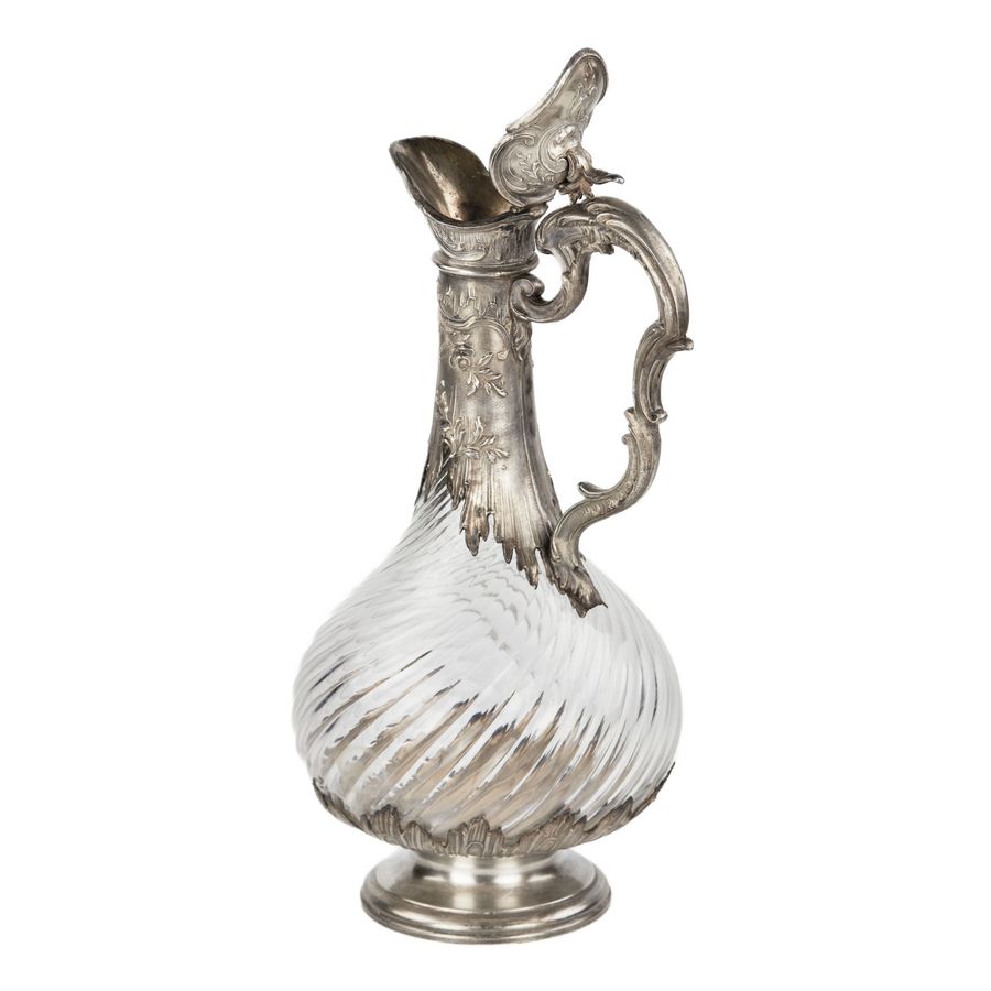 Antique French fluted glass wine jug in silver in the style of Louis XV, late 19th century.