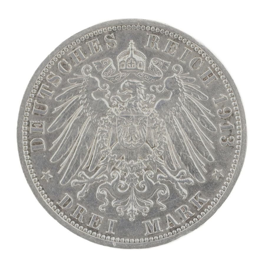 Antique Silver coin 3 marks. Germany 1913.