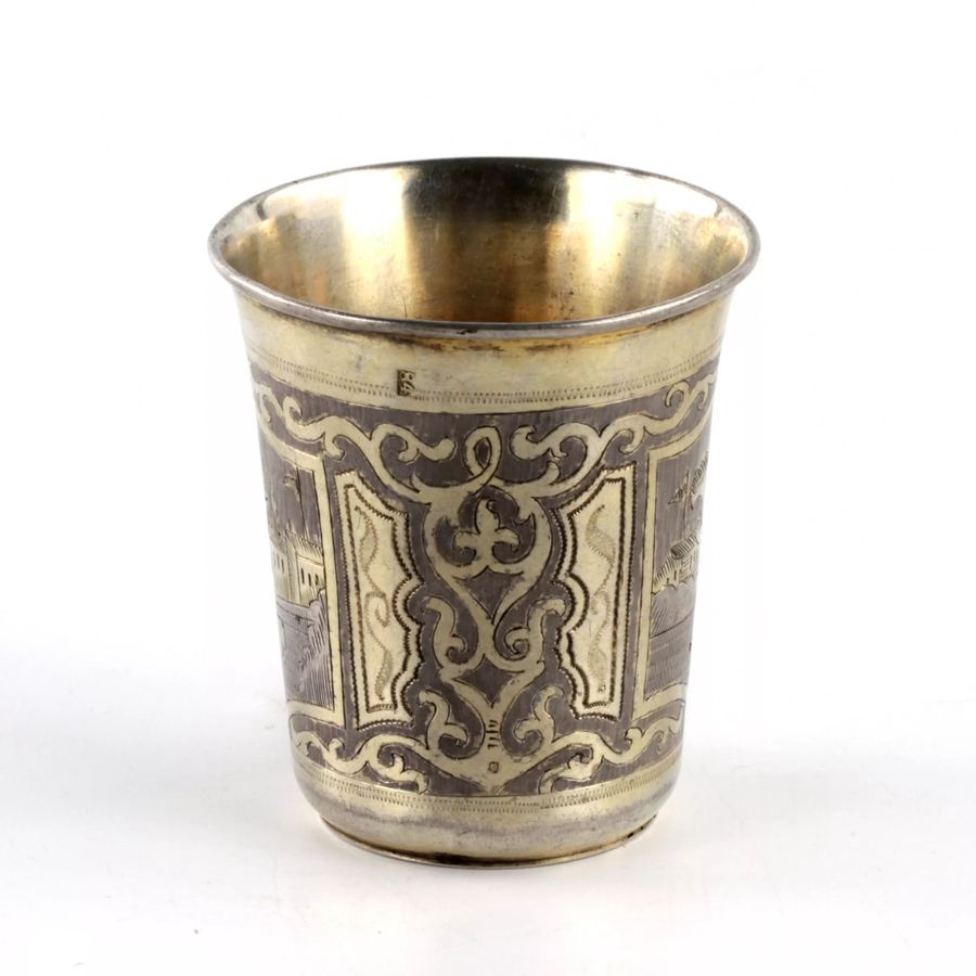 Antique Russian  silver vodka cup with city views.