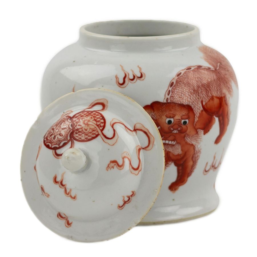 Antique Chinese Porcelain Vase, painted “iron red” overglaze dog Fo. Possibly Kangxi period.