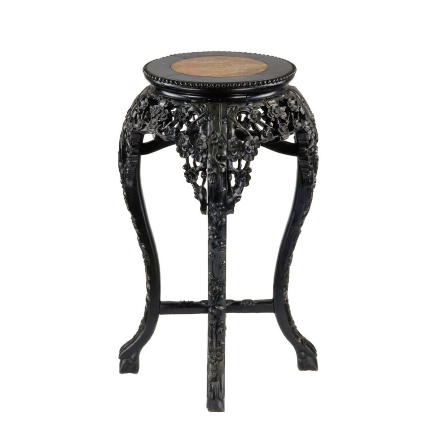 Antique Carved Chinese vase stand, ebony with marble.