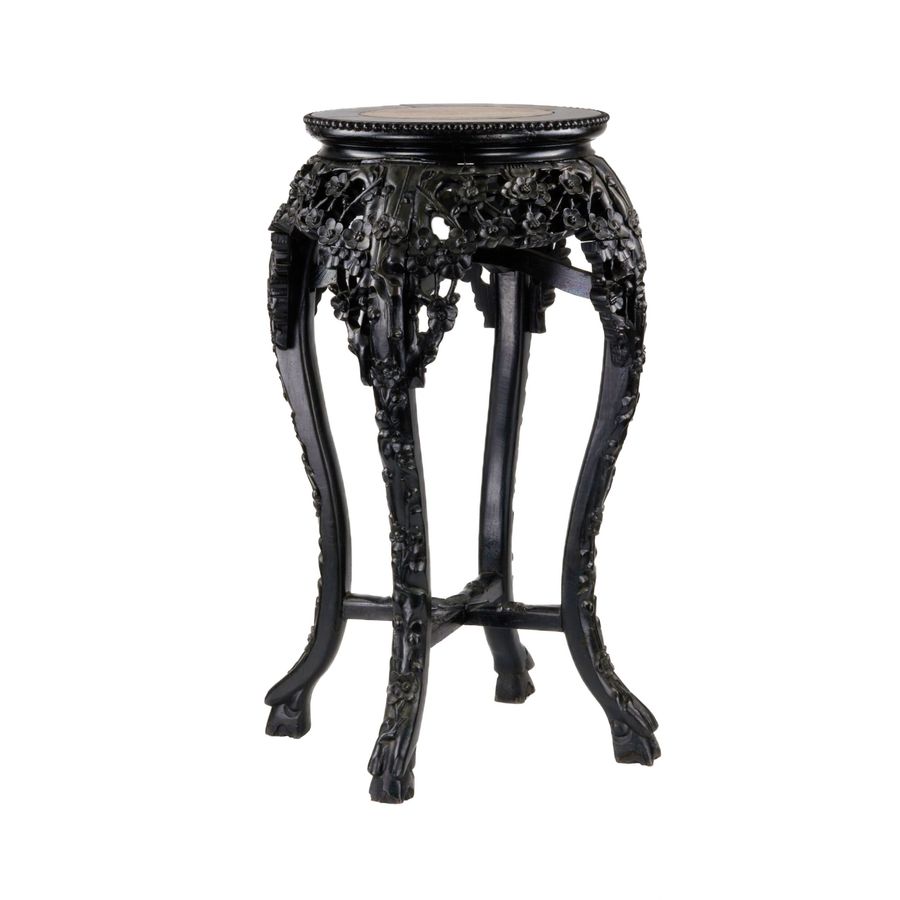 Antique Carved Chinese vase stand, ebony with marble.