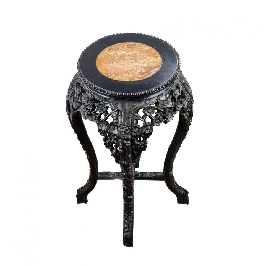 Antique Carved Chinese vase stand, ebony with marble.